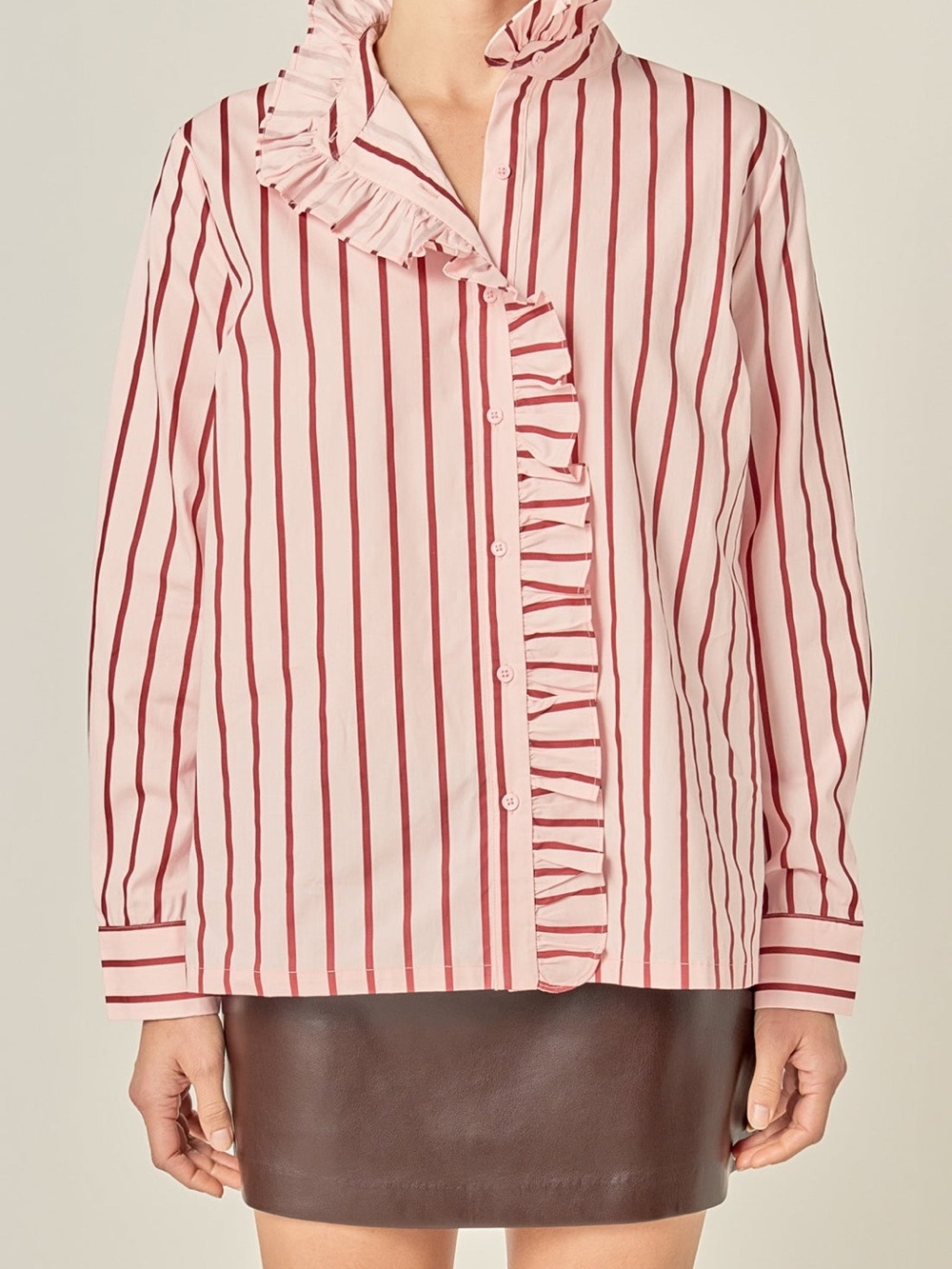 English Factory Ruffled Stripe Button-Up Shirt in Pink/Burgundy